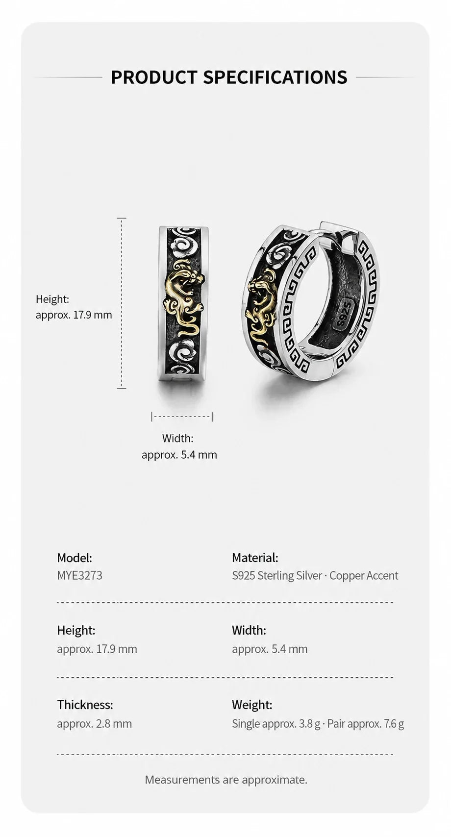 Pi Xiu hoop earrings dimensions and specifications in English