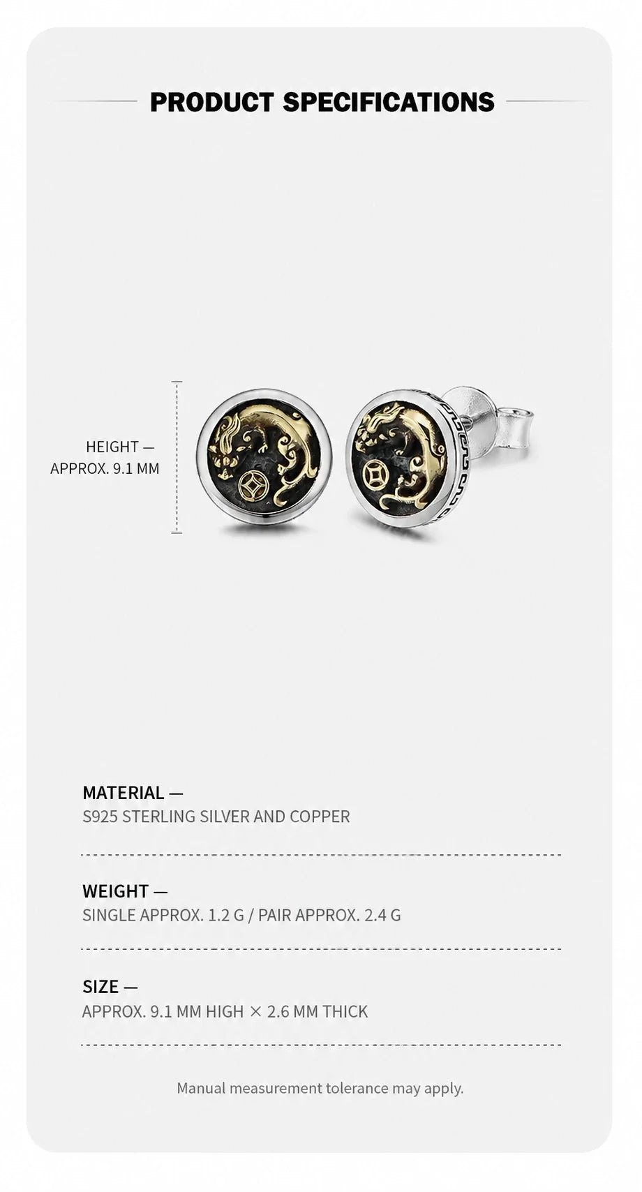 Sterling Silver Pixiu Coin Stud Earrings - size material and weight