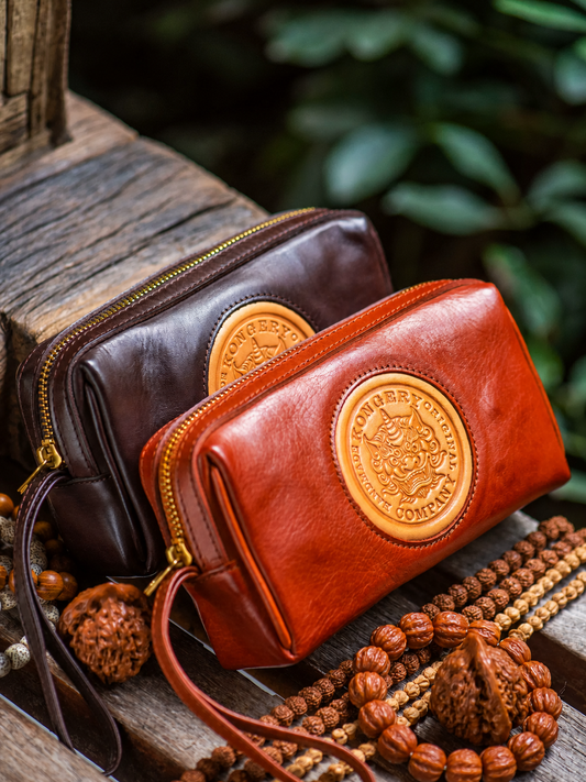 red-brown and mocha brown full-grain leather biker clutch wallets with embossed Pixiu emblem