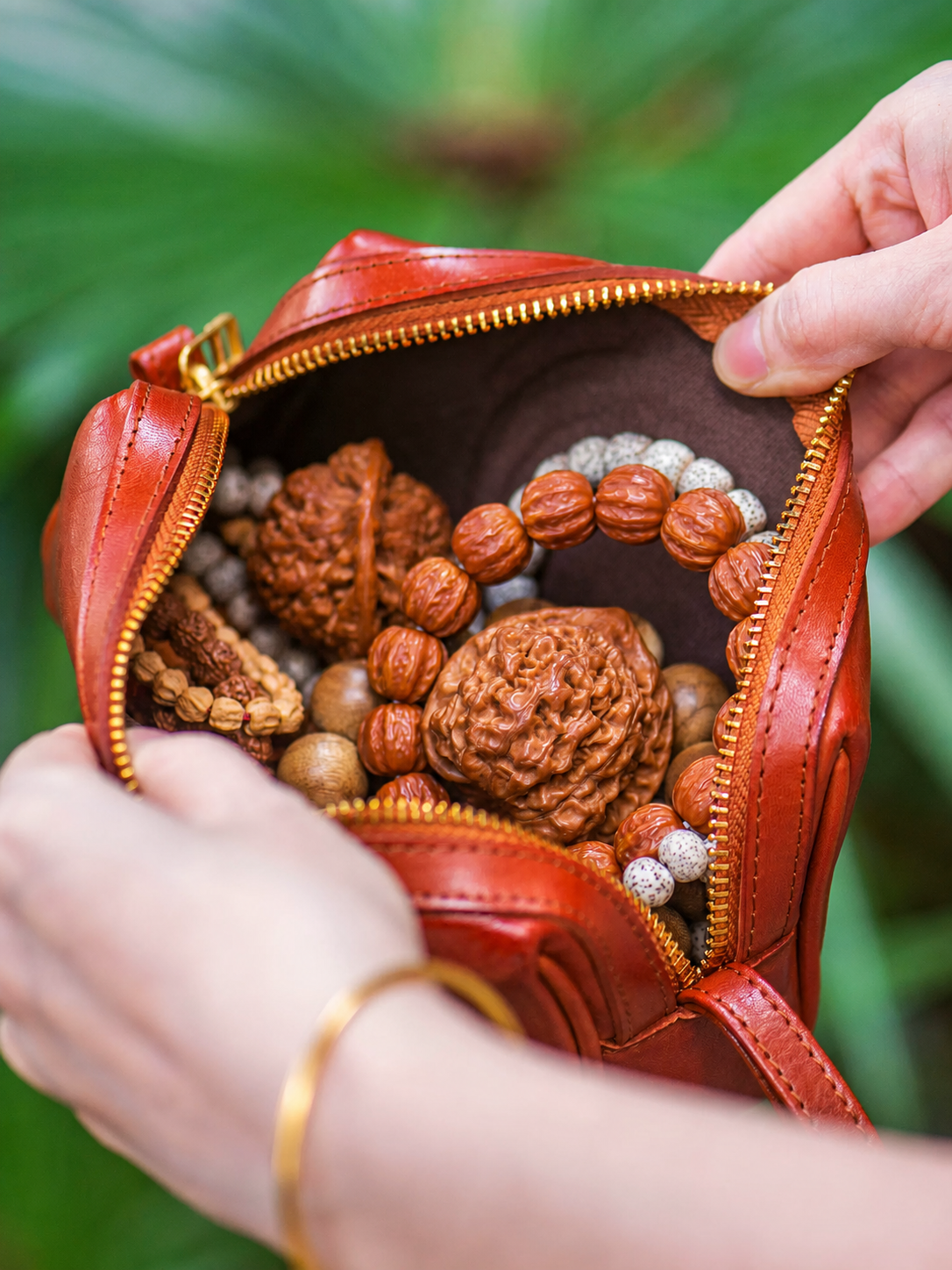 open red-brown leather biker clutch wallet showing roomy interior storage