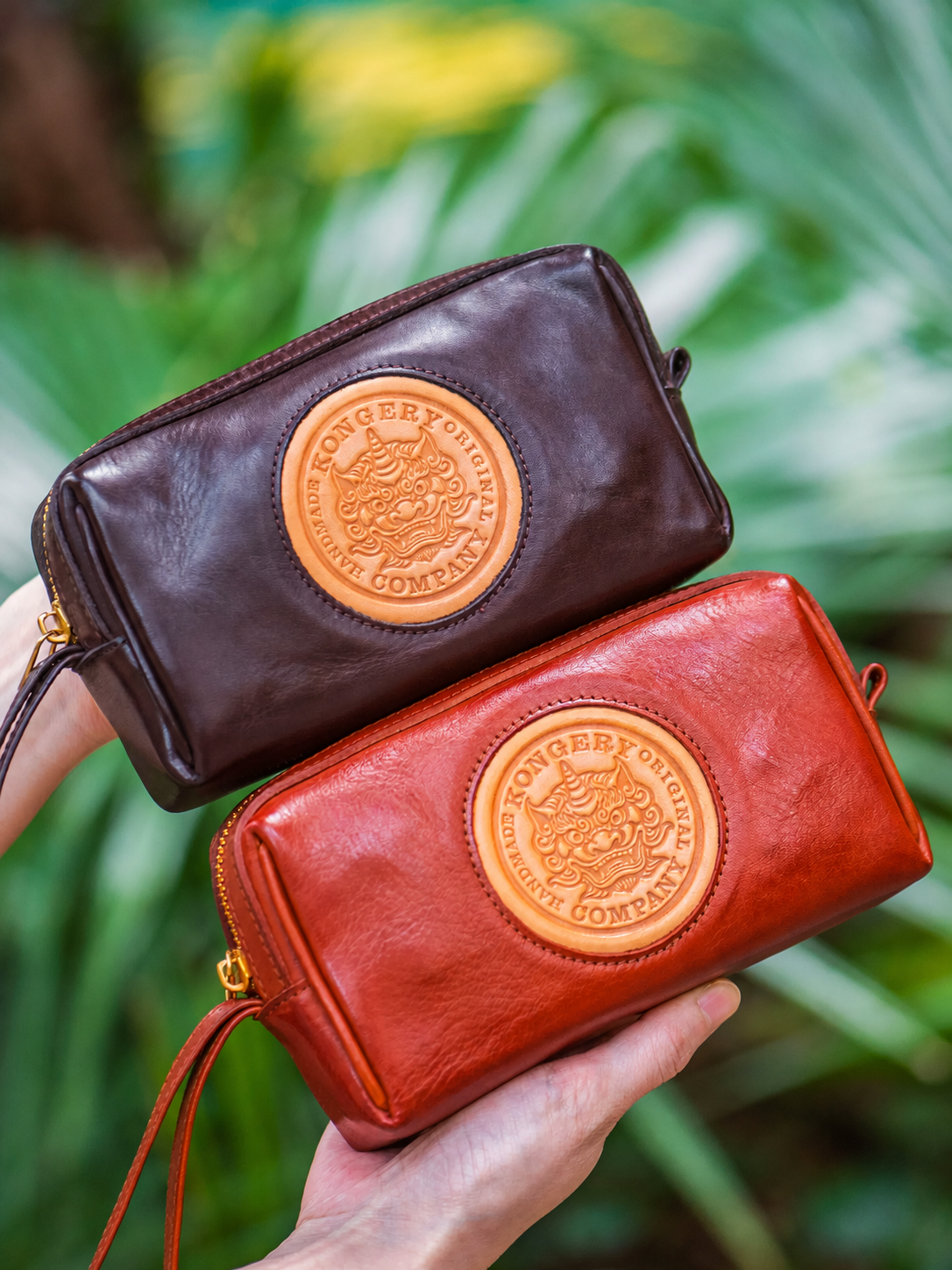 red-brown and mocha brown Pixiu full-grain leather biker clutch wallets