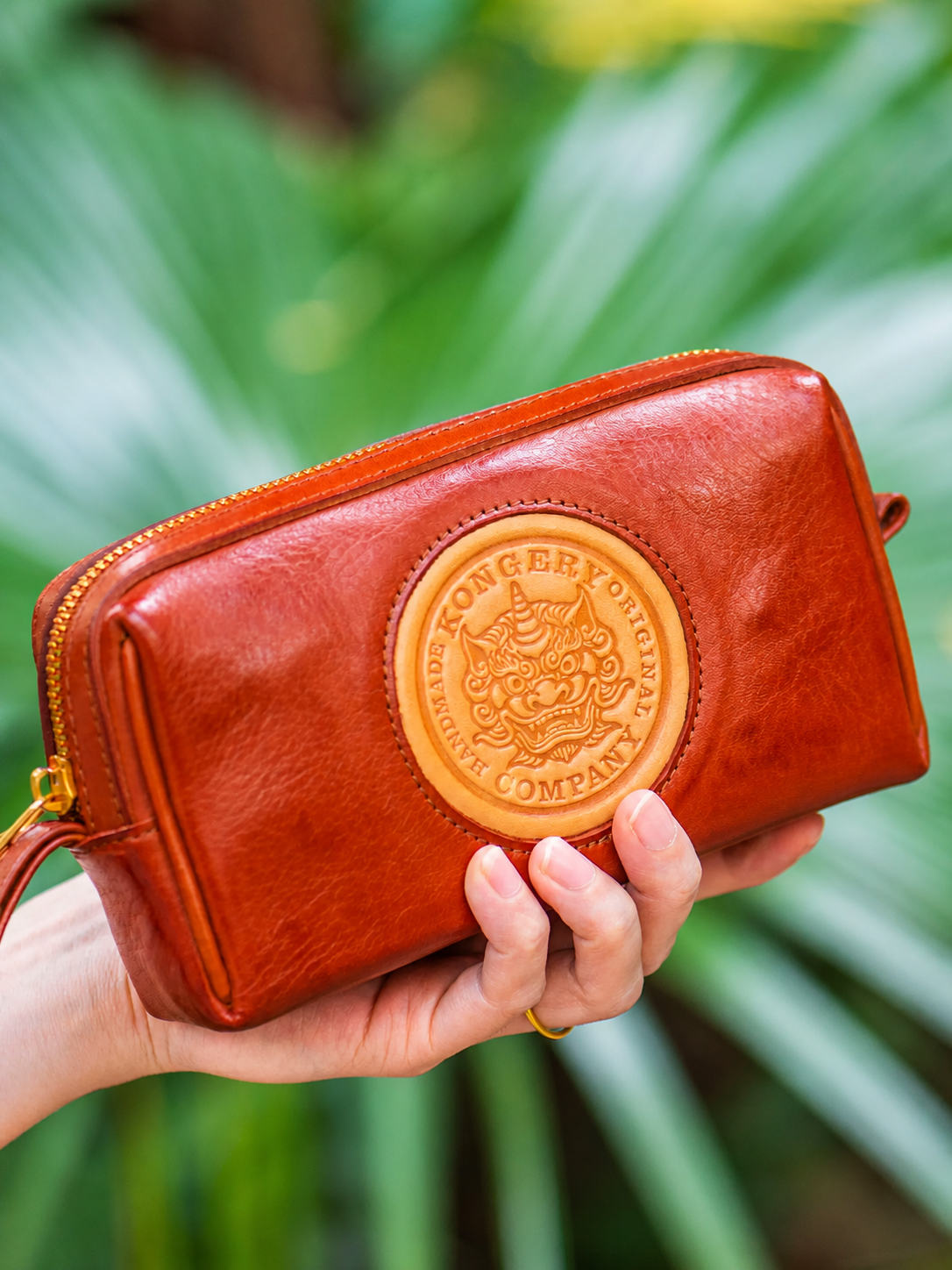 red-brown Pixiu full-grain leather biker clutch wallet
