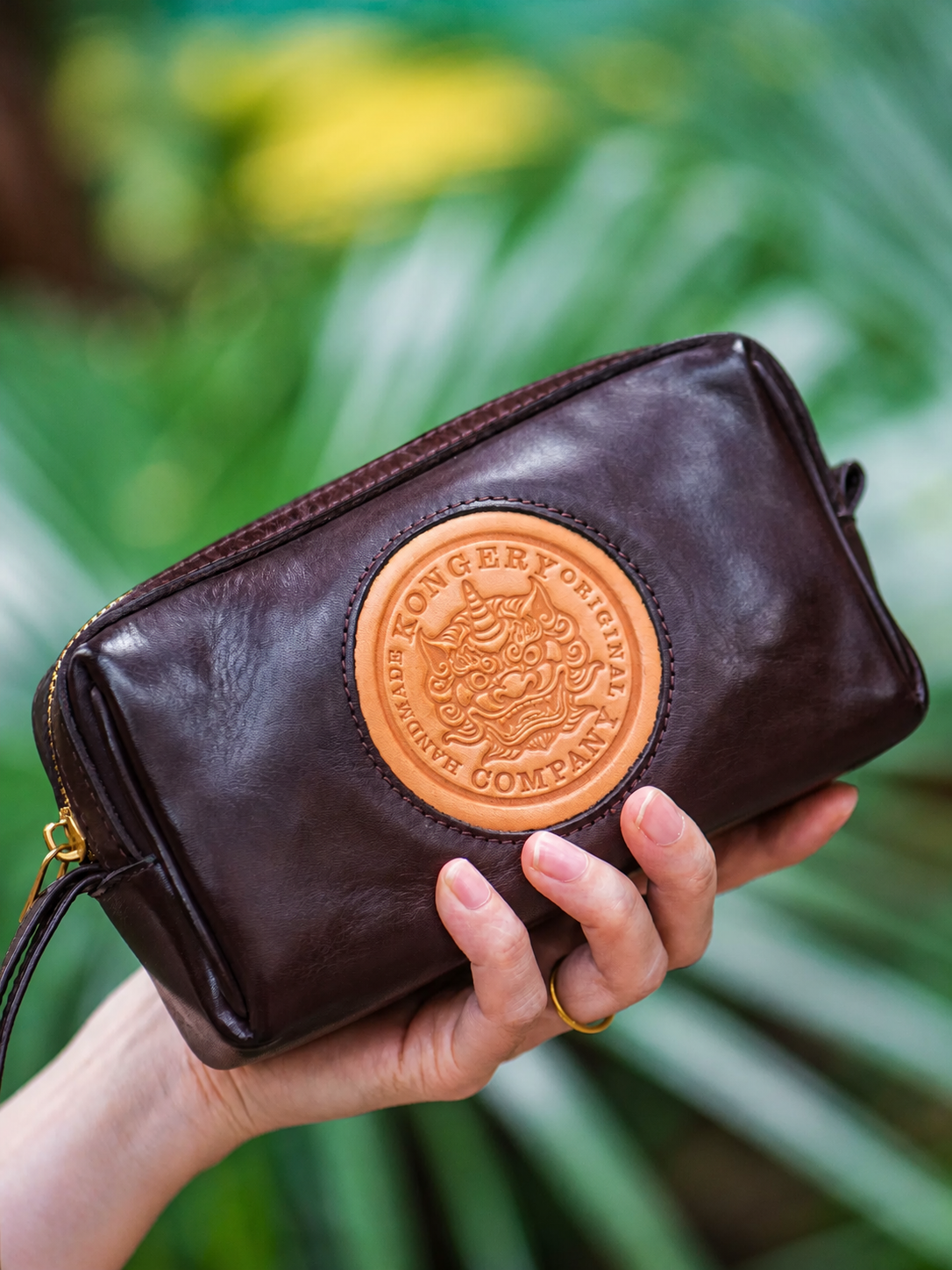 mocha brown Pixiu full-grain leather biker clutch wallet