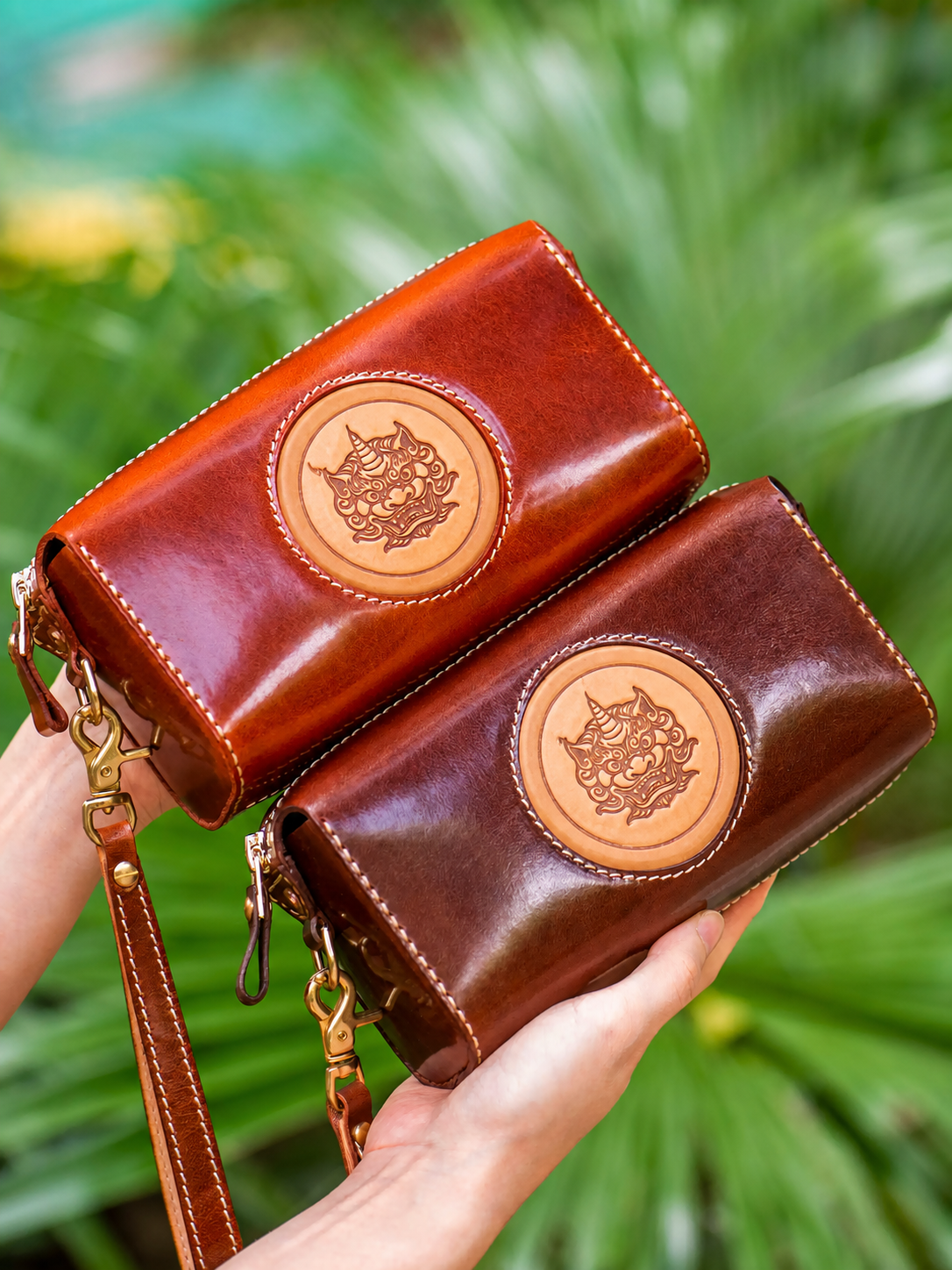 Pixiu full-grain leather biker organizer wallet in vintage and mocha brown