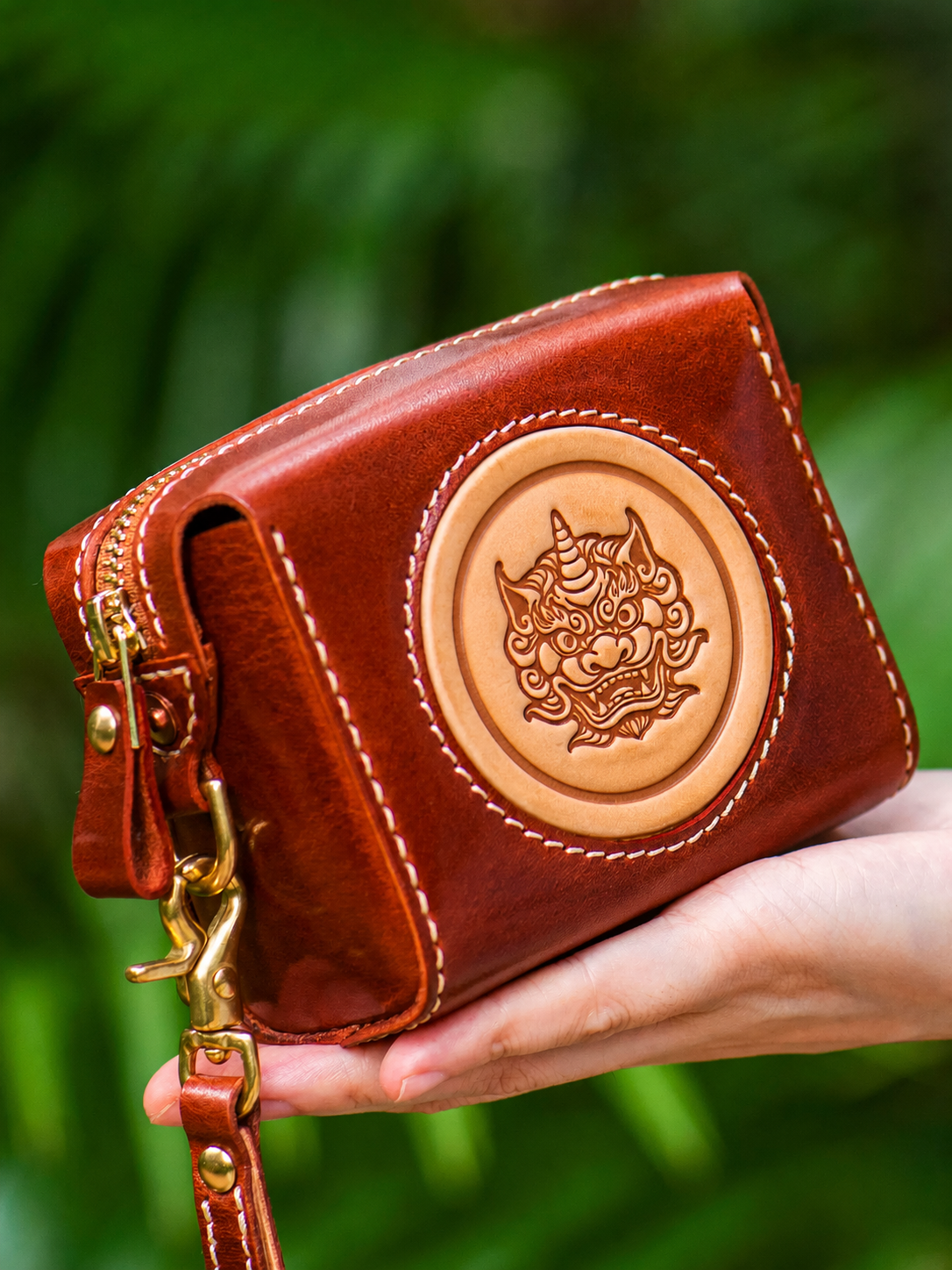 vintage brown short Pixiu leather biker organizer wallet