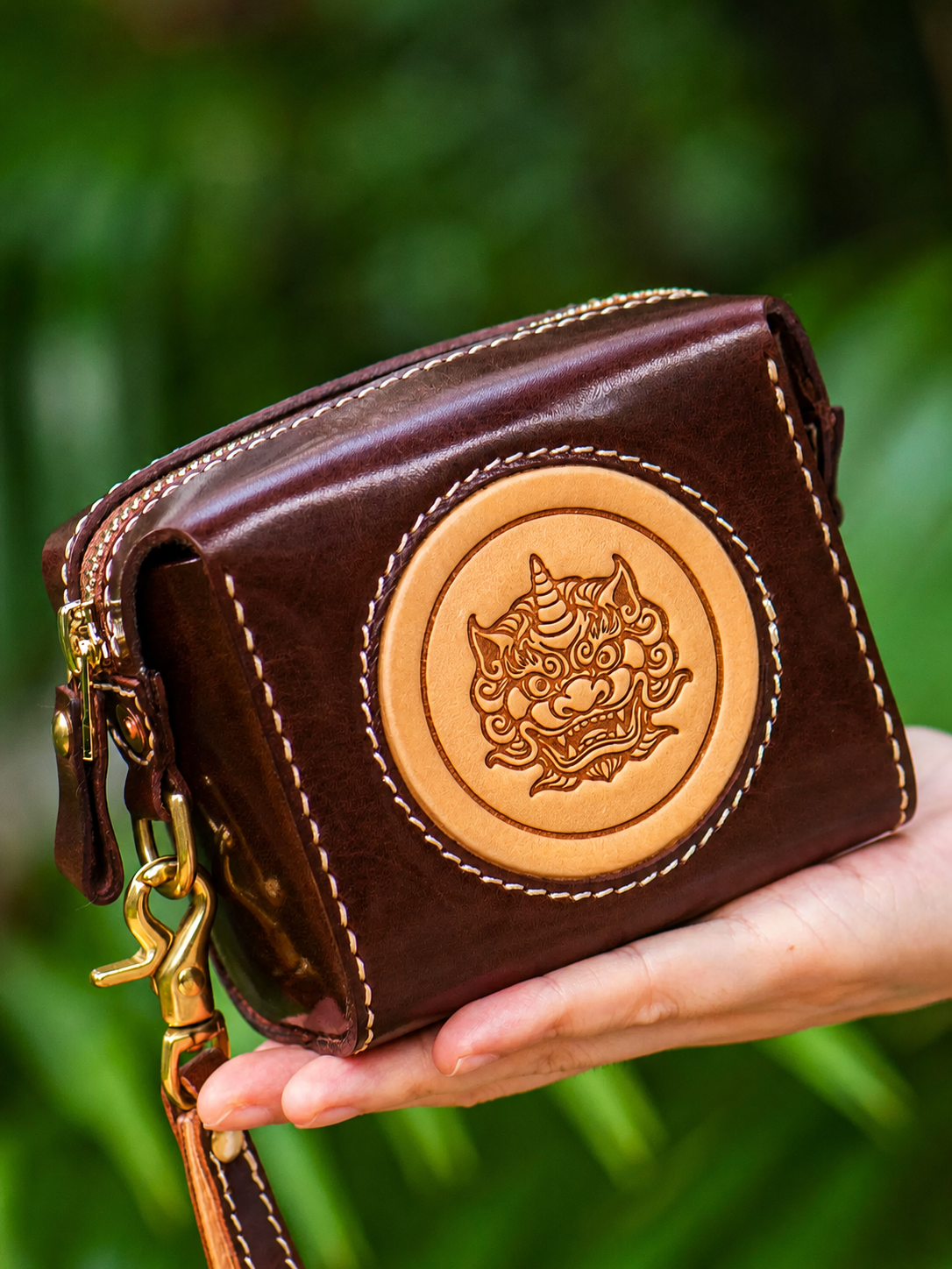 mocha brown short Pixiu leather biker organizer wallet