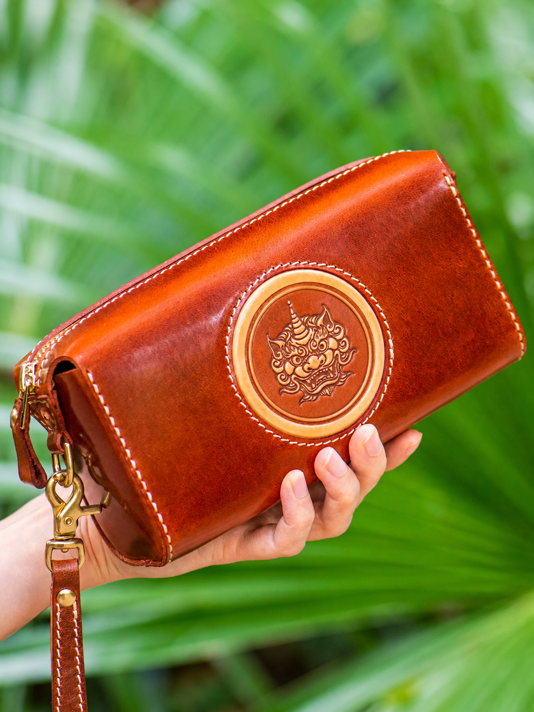 vintage brown long Pixiu leather biker crossbody organizer wallet