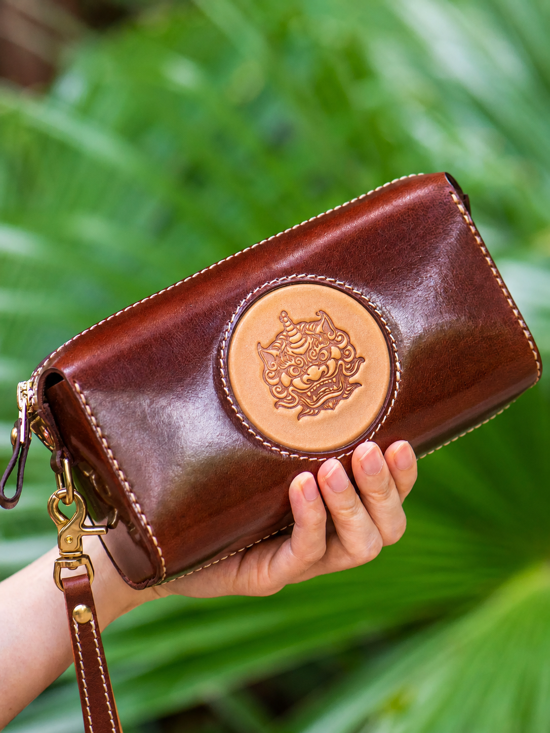 mocha brown long Pixiu leather biker crossbody organizer wallet