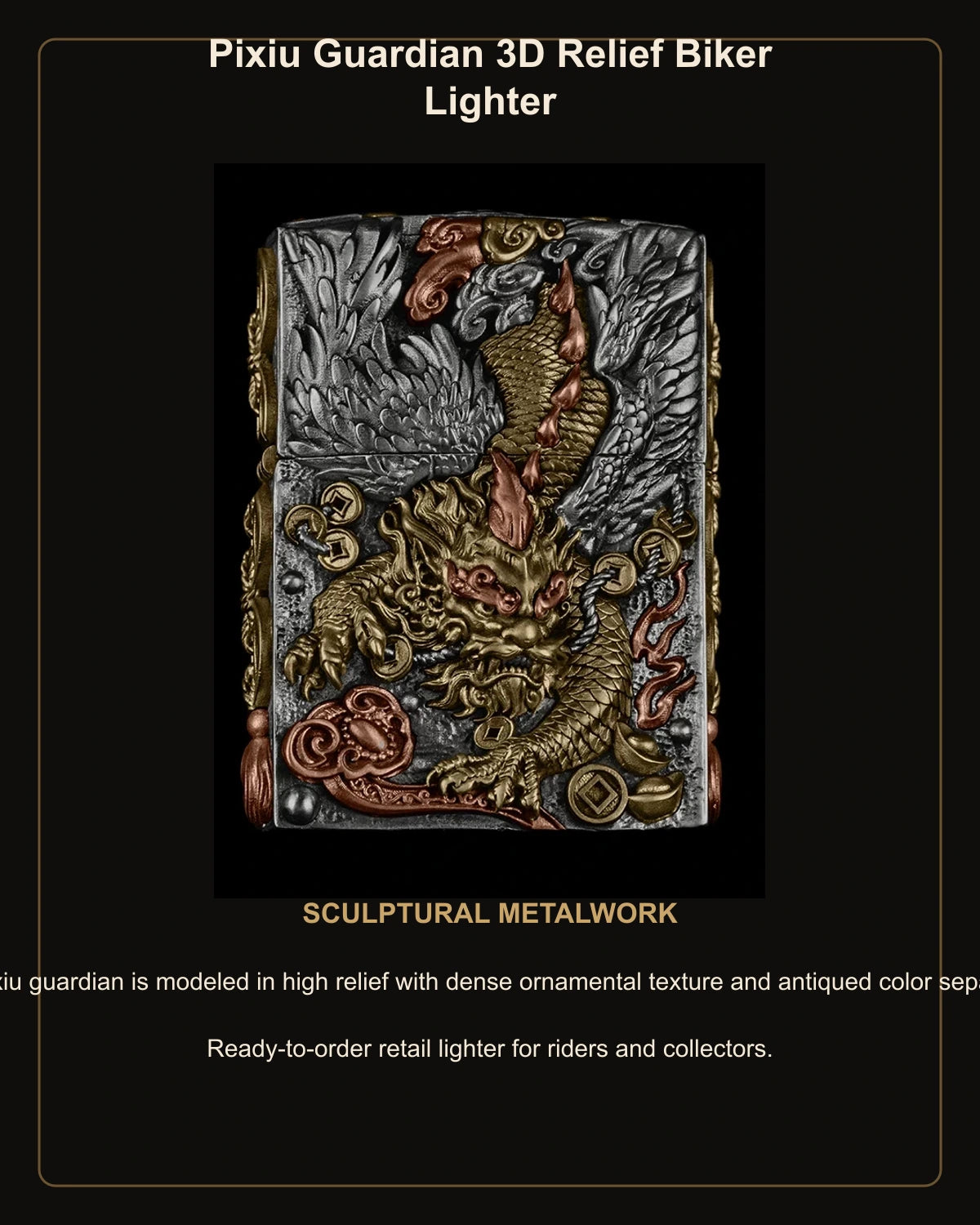 Pixiu Guardian 3D Relief Biker Lighter – English design story