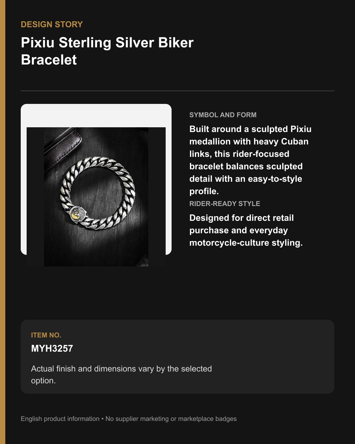 Pixiu Sterling Silver Biker Bracelet – English design story
