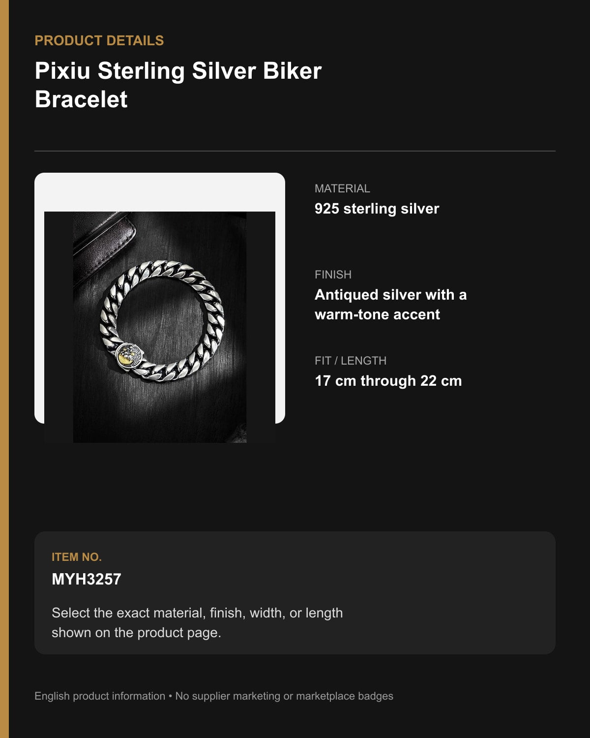 Pixiu Sterling Silver Biker Bracelet – English product details