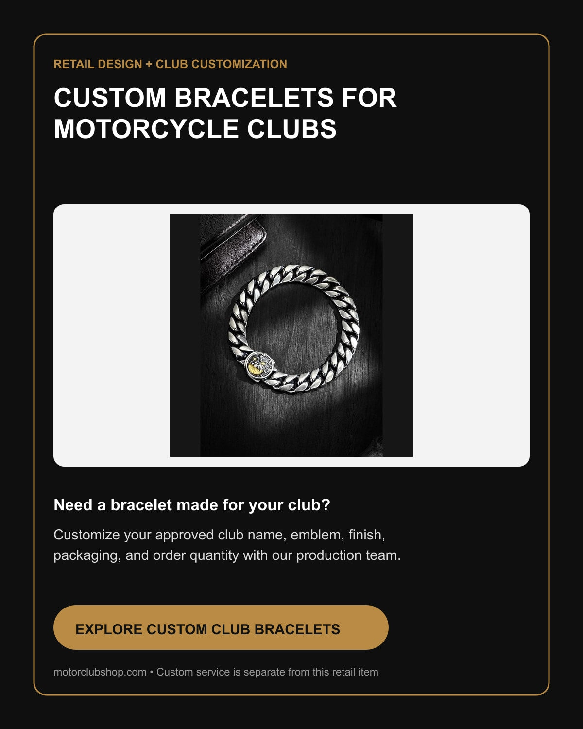 Custom motorcycle club bracelets by Motor Club Shop