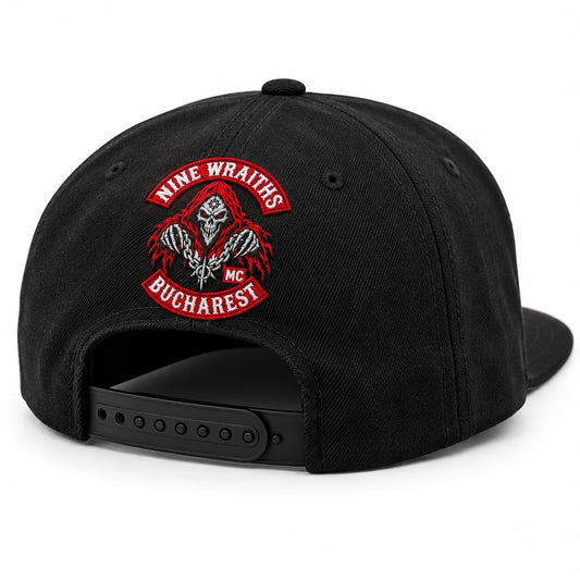 Back embroidery placement on a custom motorcycle club flat-brim cap