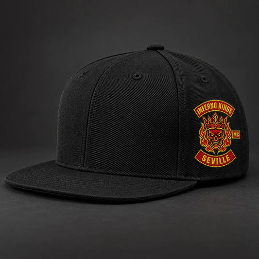 Left-side embroidery placement on a custom motorcycle club flat-brim cap