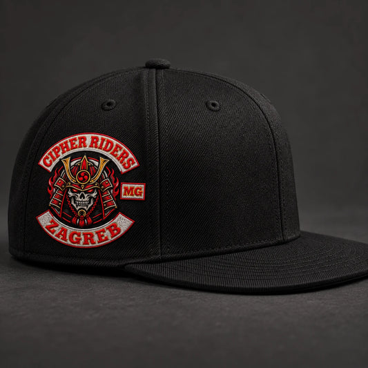 Right-side embroidery placement on a custom motorcycle club flat-brim cap