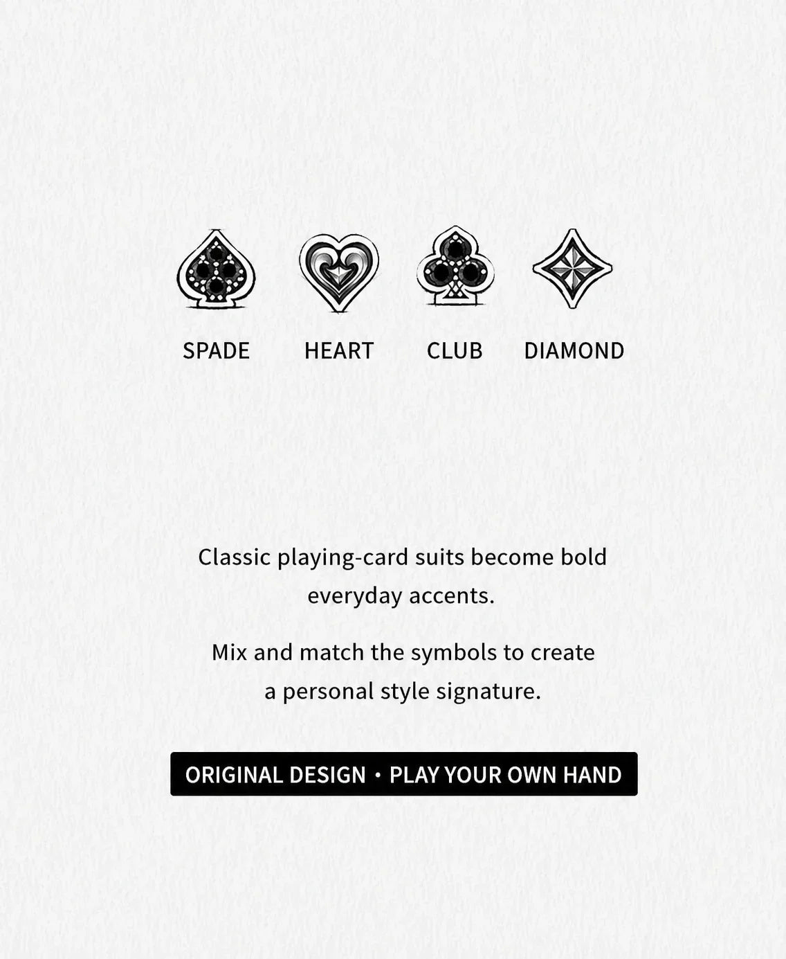 Playing card suit stud earrings spade heart club and diamond guide in English