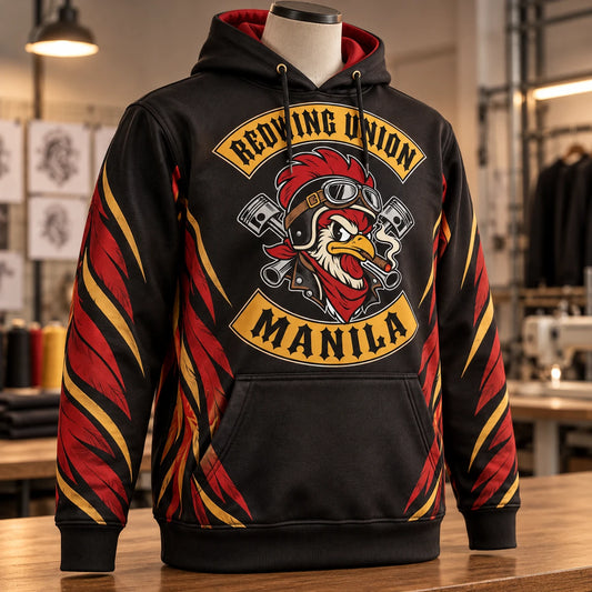 Single front three-quarter view of a Redwing Union Manila motorcycle club hoodie showing pocket and seam-safe artwork placement.