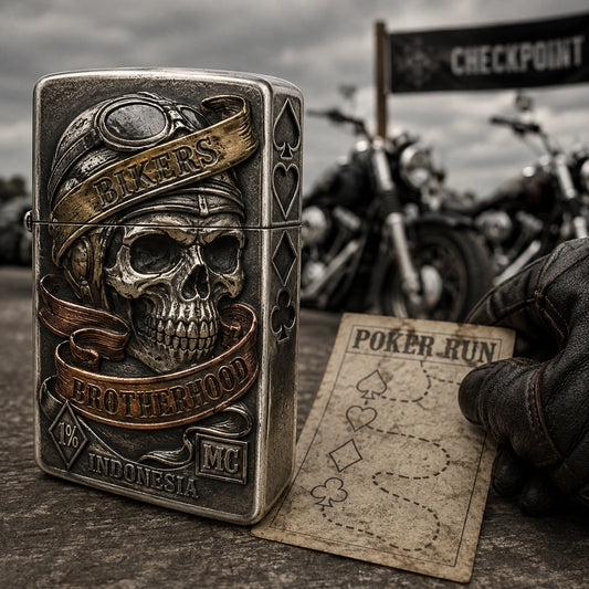 Poker run collectible lighter with authorized motorcycle club emblem