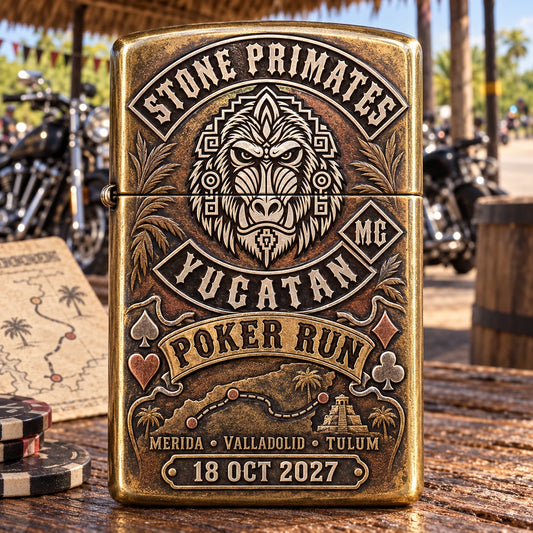 Stone Primates custom motorcycle club lighter displaying Poker Run, Yucatan chapter, event date and route checkpoints.