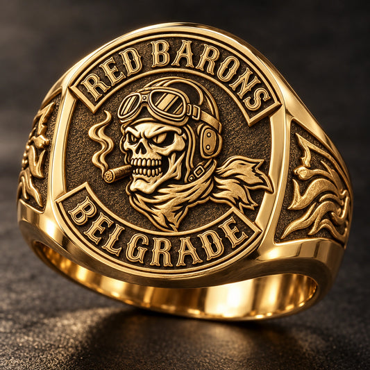 Polished Highlights designed from an authorized motorcycle club emblem in Solid 18K Gold natural metal tones.