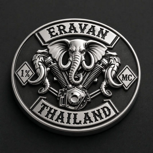 One-piece polished silver ERAVAN motorcycle club pin with sculpted elephant and mechanical relief.