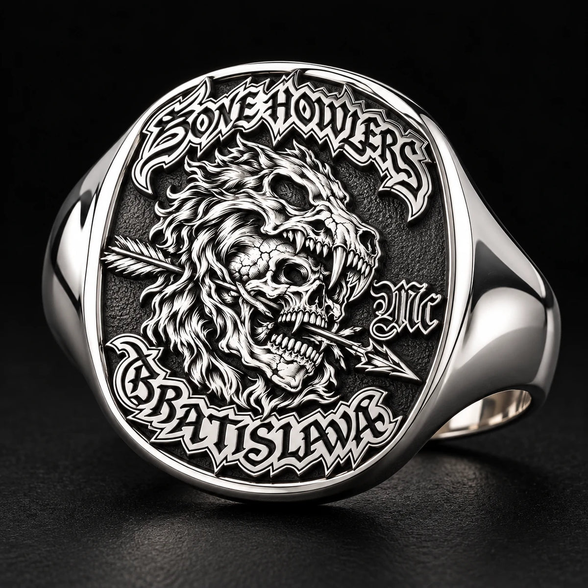 Polished white copper Bone Howlers motorcycle club ring with bright highlights and crisp raised emblem details.