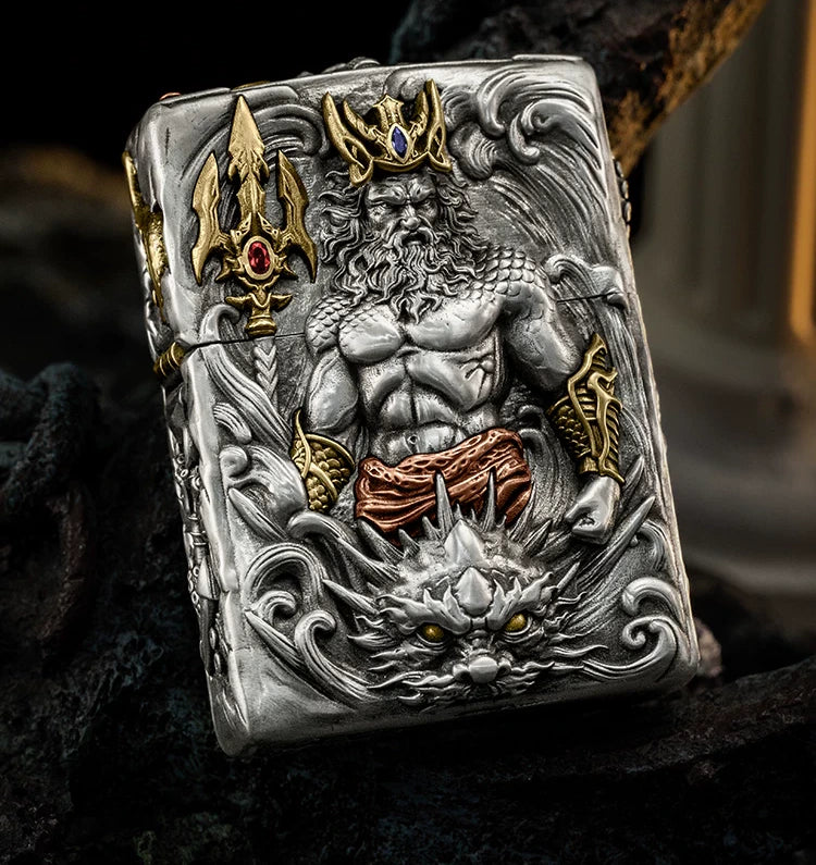 Poseidon Sea God 3D Relief Biker Lighter – product-only front view