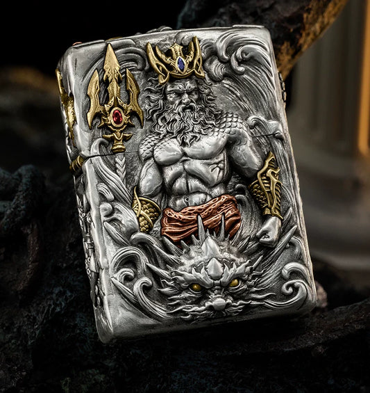 Poseidon Sea God 3D Relief Biker Lighter – product-only front view