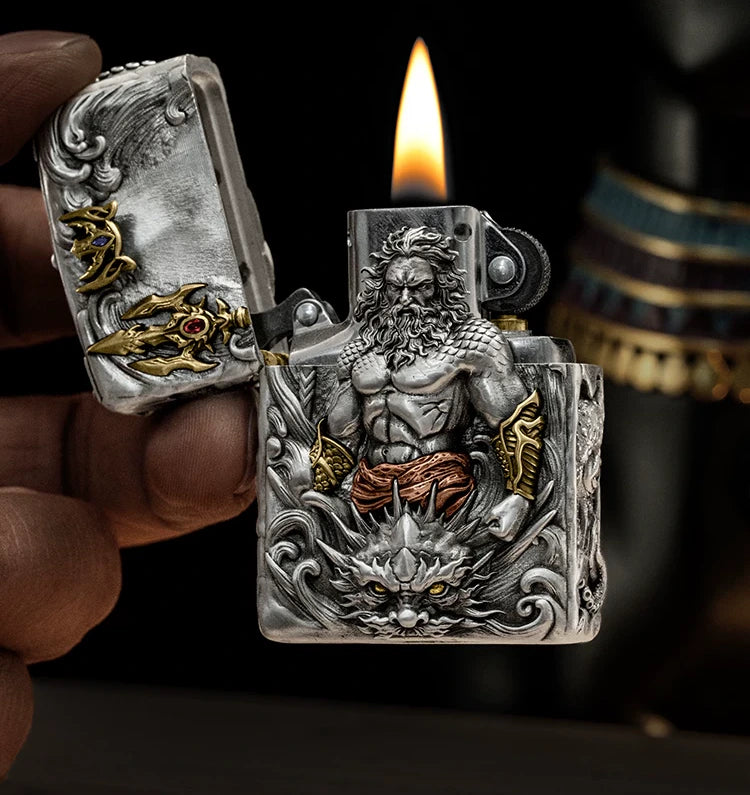 Poseidon Sea God 3D Relief Biker Lighter – clean product detail view 3