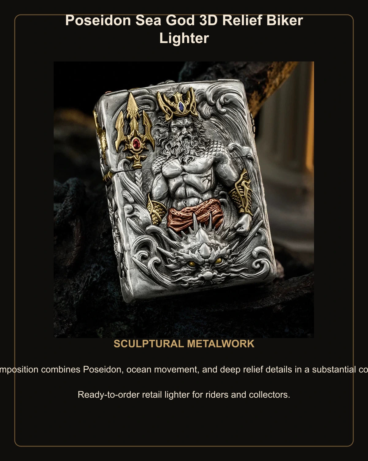 Poseidon Sea God 3D Relief Biker Lighter – English design story