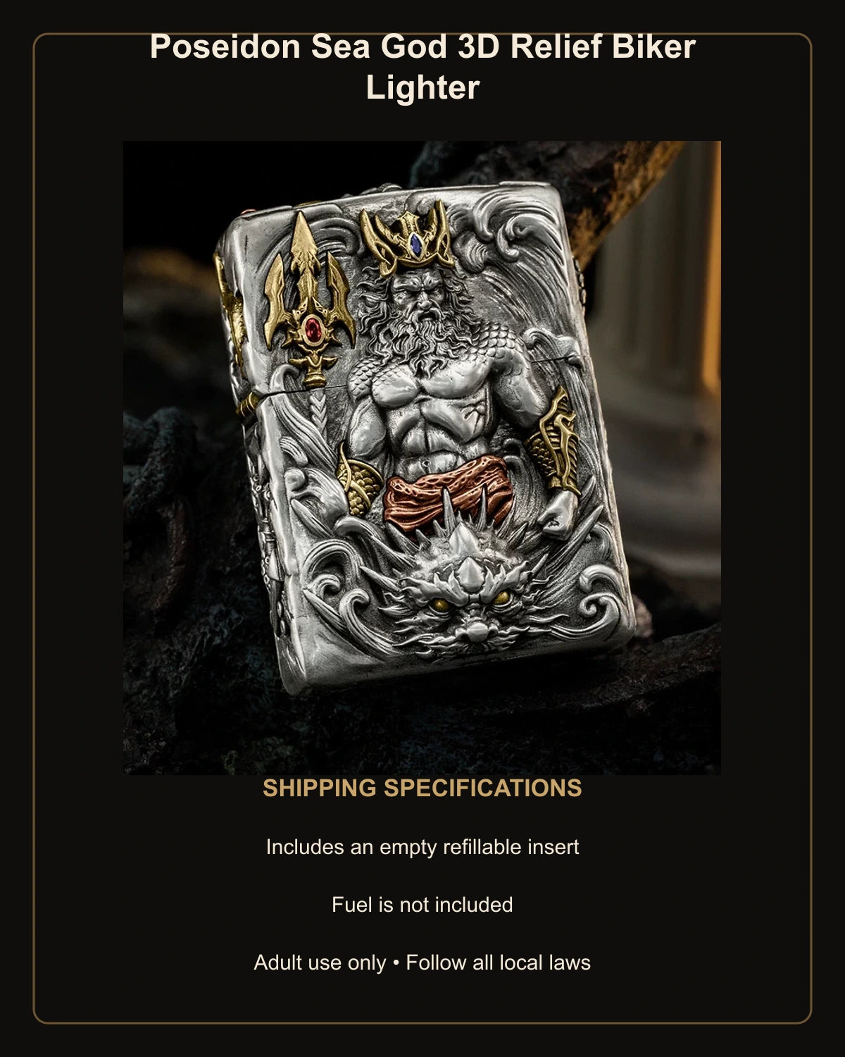 Poseidon Sea God 3D Relief Biker Lighter – empty refillable insert included and no fuel supplied
