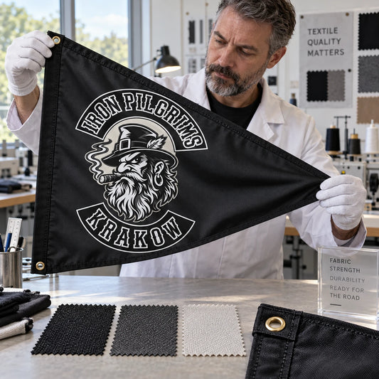 A textile specialist compares durable fabric textures beside a finished motorcycle club triangle flag.