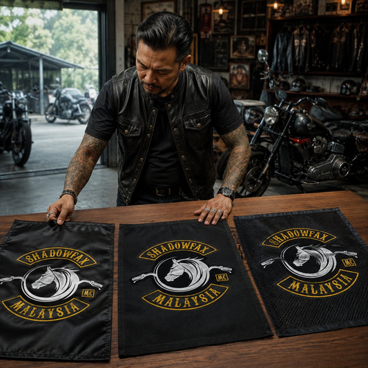 A product specialist compares durable custom motorcycle club flag fabrics and finished hems near an open garage door.