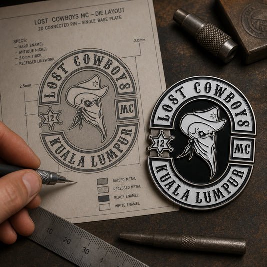 Motorcycle club logo converted into a manufacturable two-level pin layout.