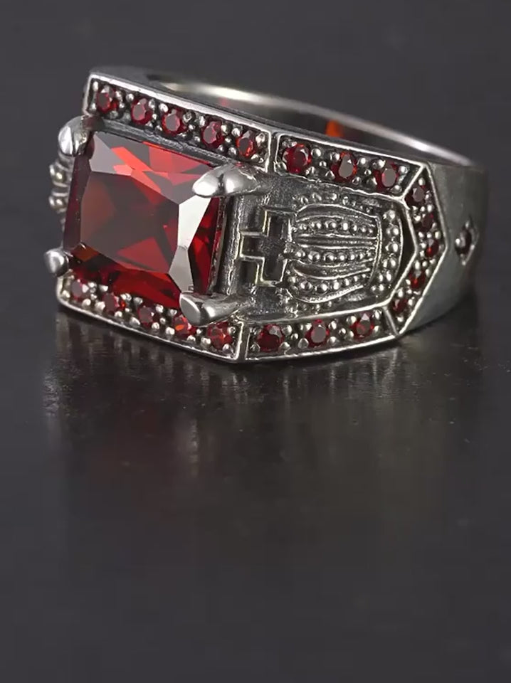 Crown Heart Red Gem 925 Sterling Silver Biker Ring product video