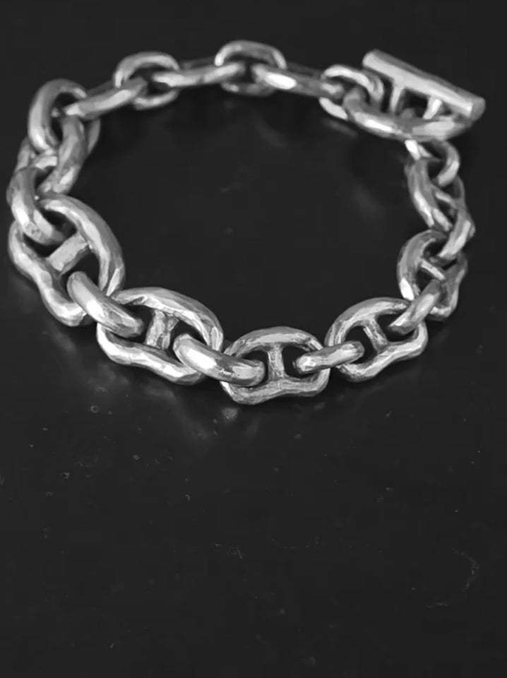 Hand-Hammered Anchor Link 925 Silver Biker Bracelet seamless product video