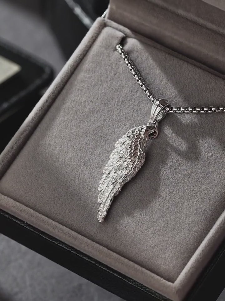 White Angel Feather Sterling Silver Biker Pendant — product video