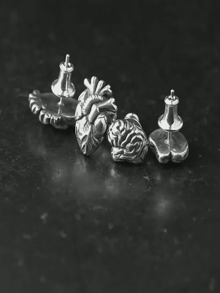 Anatomical heart and brain sterling silver stud earring video