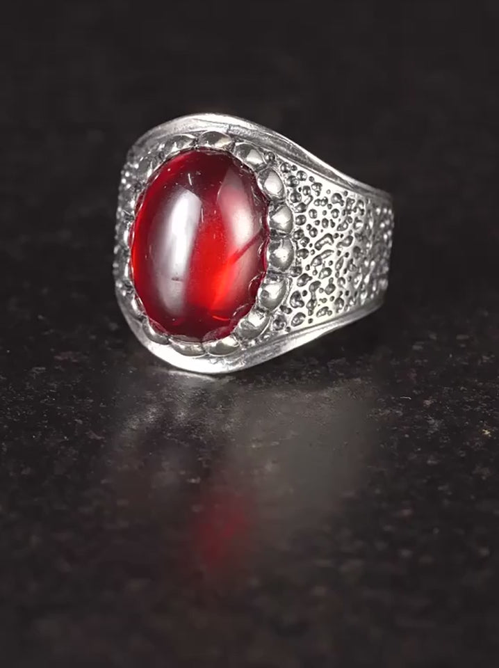 Hammered Red Gem 925 Sterling Silver Biker Ring product video