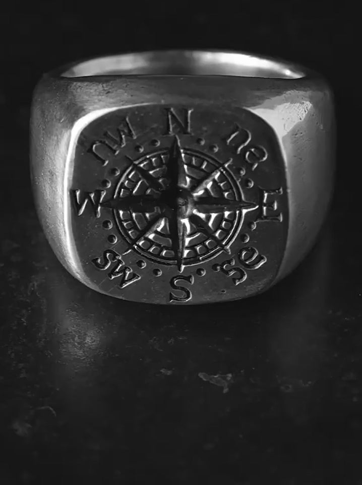 North Star Compass 925 Sterling Silver Biker Signet Ring product video