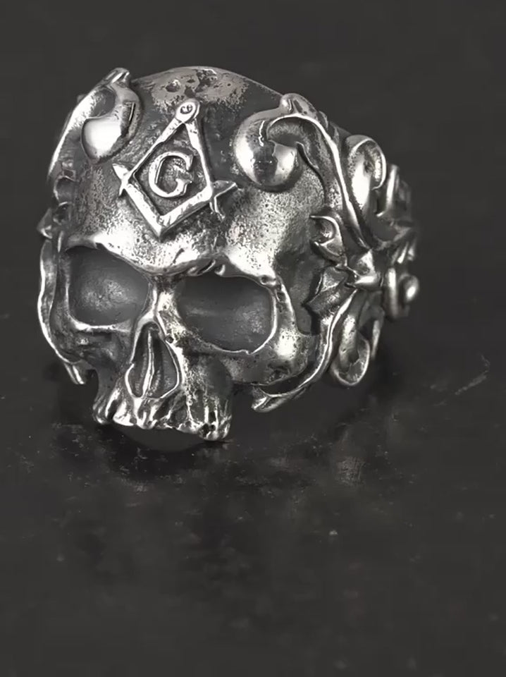 Mystic Square Compass Skull 925 Sterling Silver Biker Ring product video
