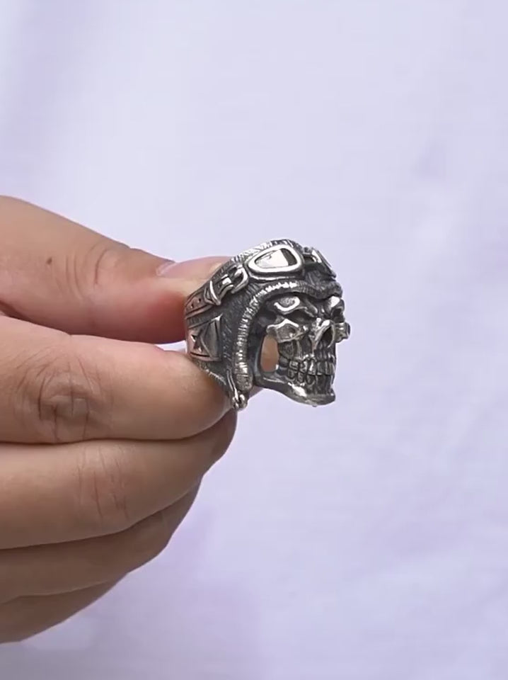 Skull Aviator 925 Sterling Silver Biker Ring product video