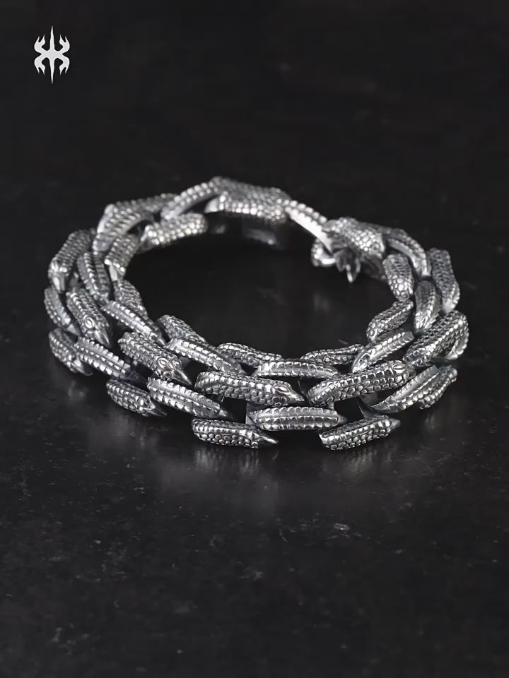 Hand-Carved Dragon Scale 925 Sterling Silver Biker Bracelet product video