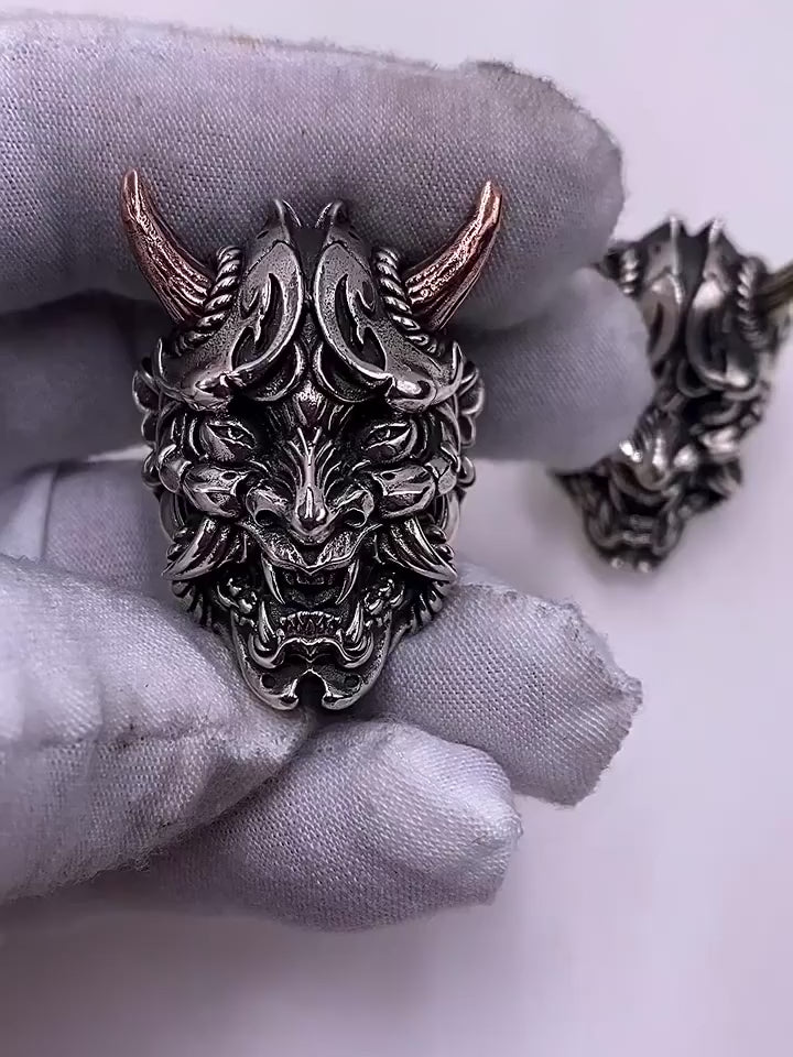 Hannya Samurai Mask 925 Sterling Silver Biker Ring — product video