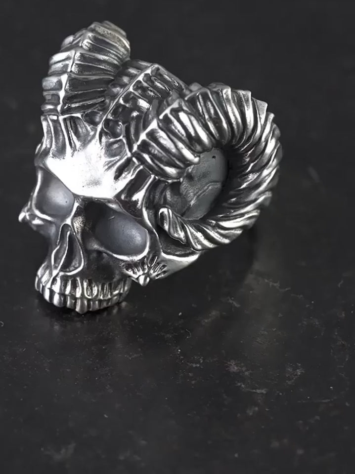 Horned Demon Skull 925 Sterling Silver Biker Ring product video