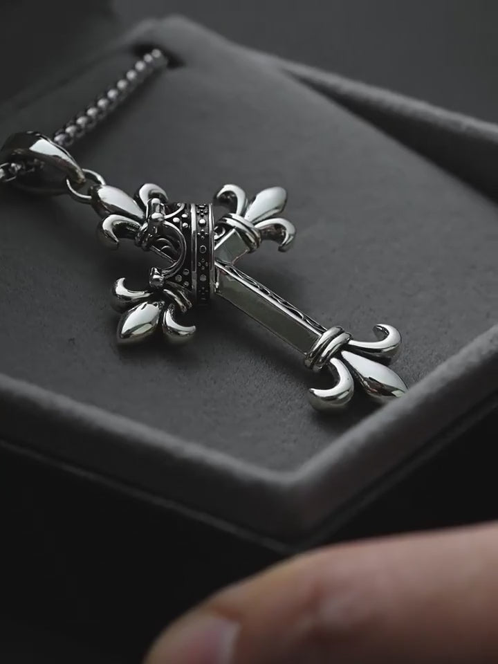 Fleur-de-Lis Crown Cross Sterling Silver Pendant — product video