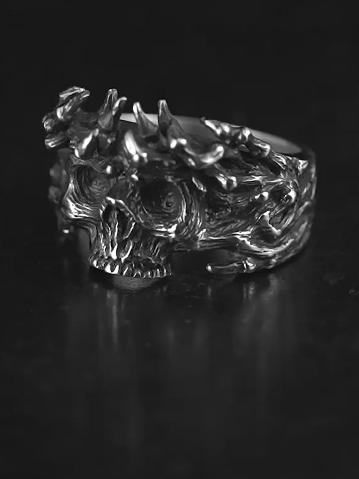 Crown of Thorns Skull 925 Sterling Silver Biker Ring product video