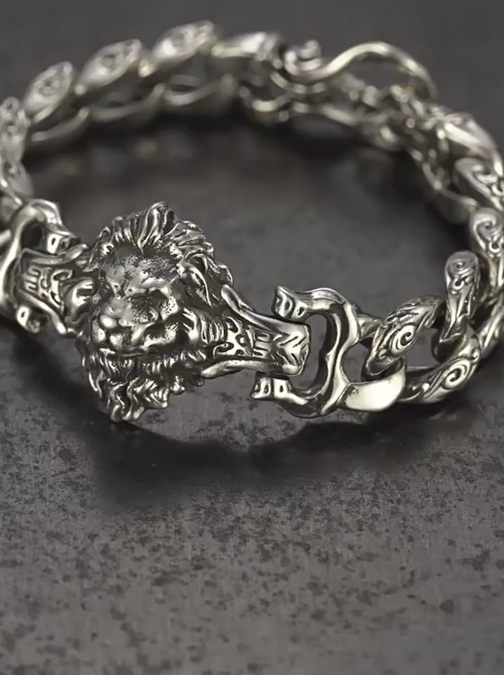 Engraved Lion Head 925 Silver Biker Bracelet product video