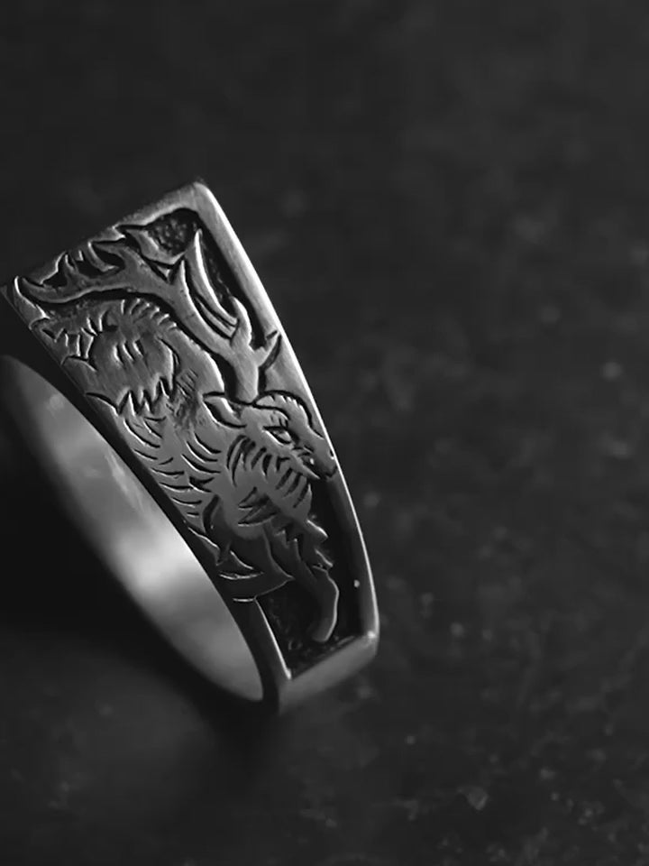 Forest Wolf and Deer 925 Sterling Silver Biker Signet Ring product video