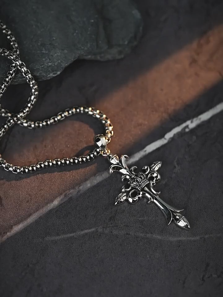 3D Crown Cross Sterling Silver Biker Pendant — product video